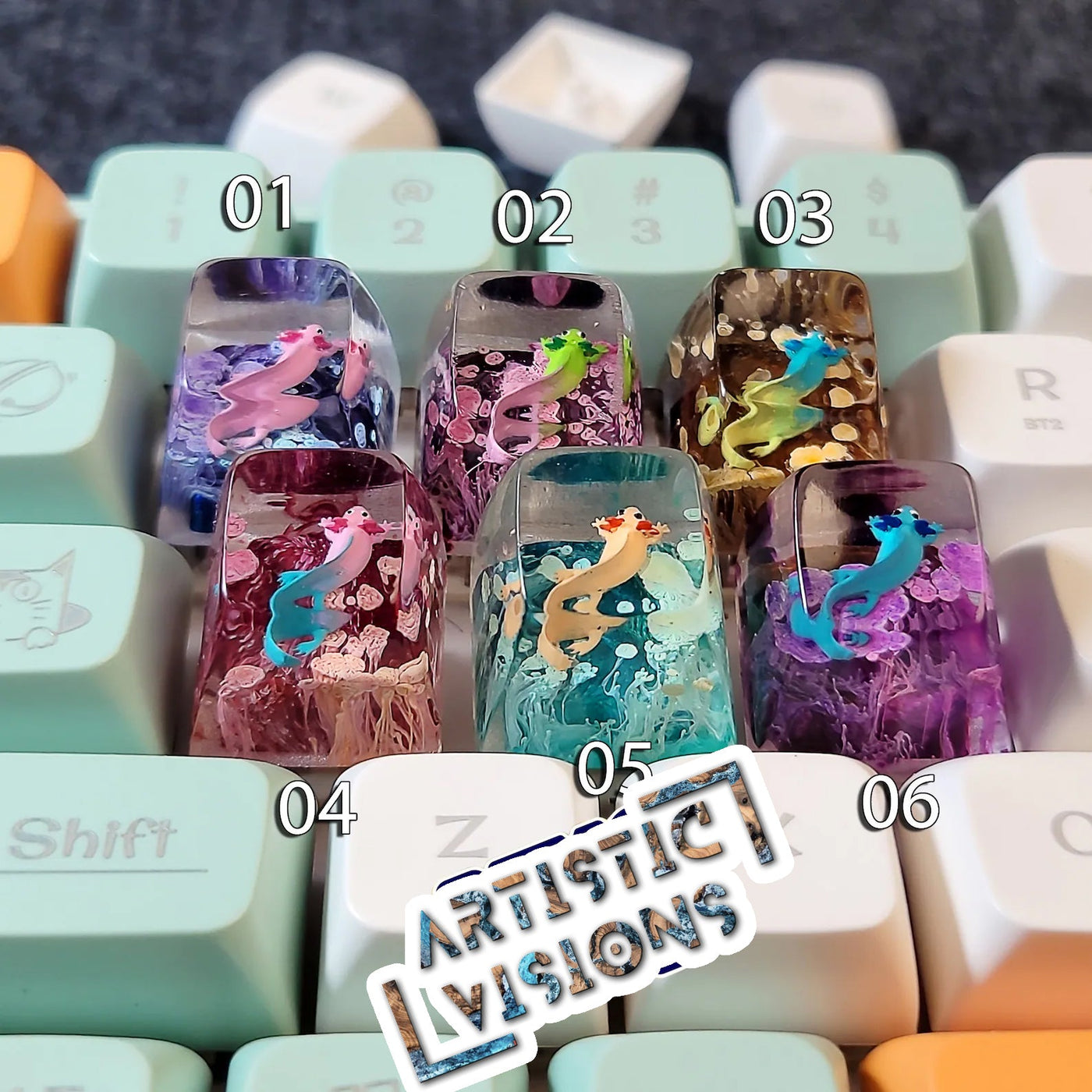 Colorful Axolotl Artisan Keycaps Epoxy Resin