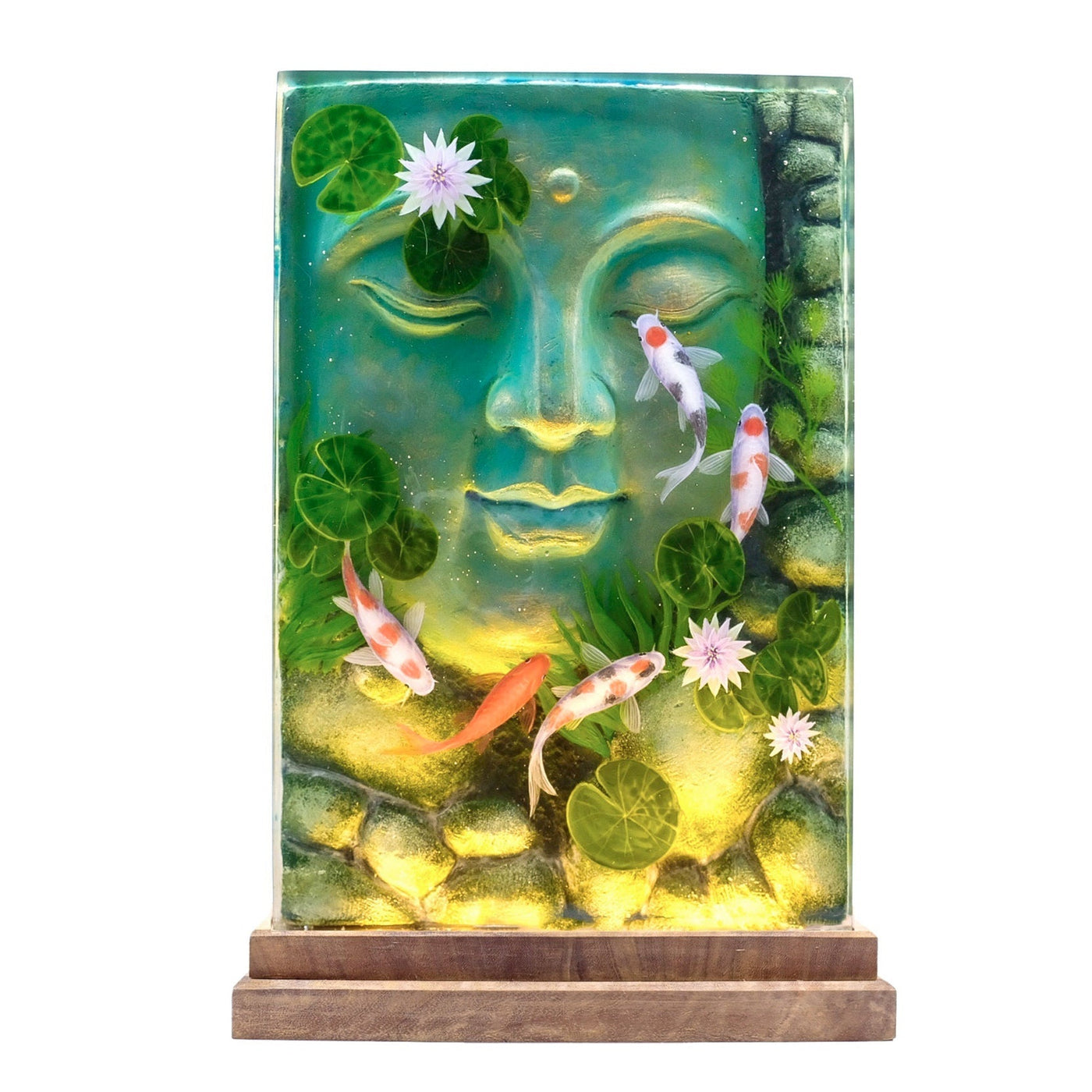 Buddha Sculpture Embodies With Koi Fish And Water Lily 3D Painting - High Quality Epoxy Resin Lamp