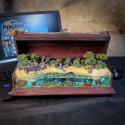 The Penguins of Madagascar Airplane Crash Beach Diorama Treasure Mistery Box Gift Epoxy Resin, Night Light