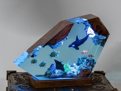 Orca Sea Turtles Manta Ray Undersea Ocean Diorama Epoxy Resin Lamp, Night Light