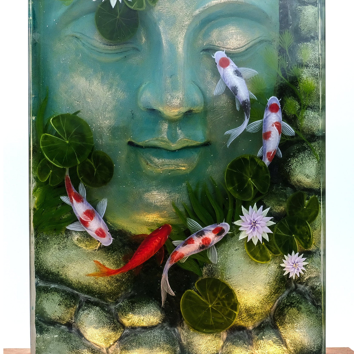 Buddha Sculpture Embodies With Koi Fish And Water Lily 3D Painting - High Quality Epoxy Resin Lamp