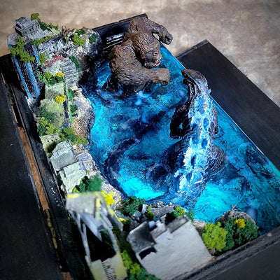 Godzilla vs Kong Monsters Battle Beach Abandoned City Diorama Treasure Mistery Box Gift Epoxy Resin, Night Light