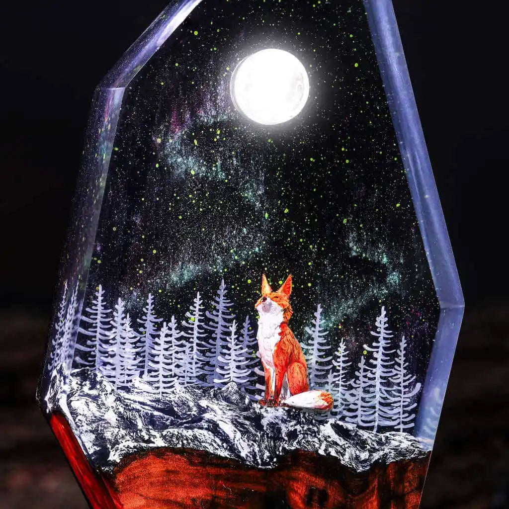 Fox Moon Aurora Borealis Epoxy Resin Lamp, Night Light