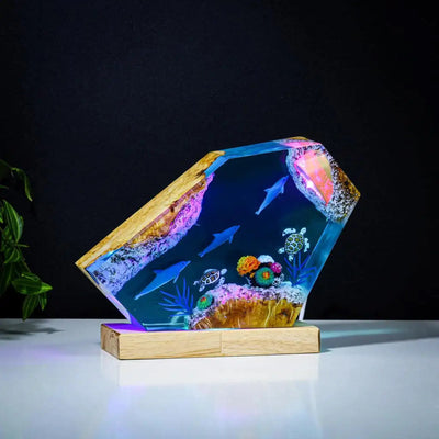 Dolphins and Turtles Undersea Ocean Diorama Epoxy Resin Lamp, Night Light