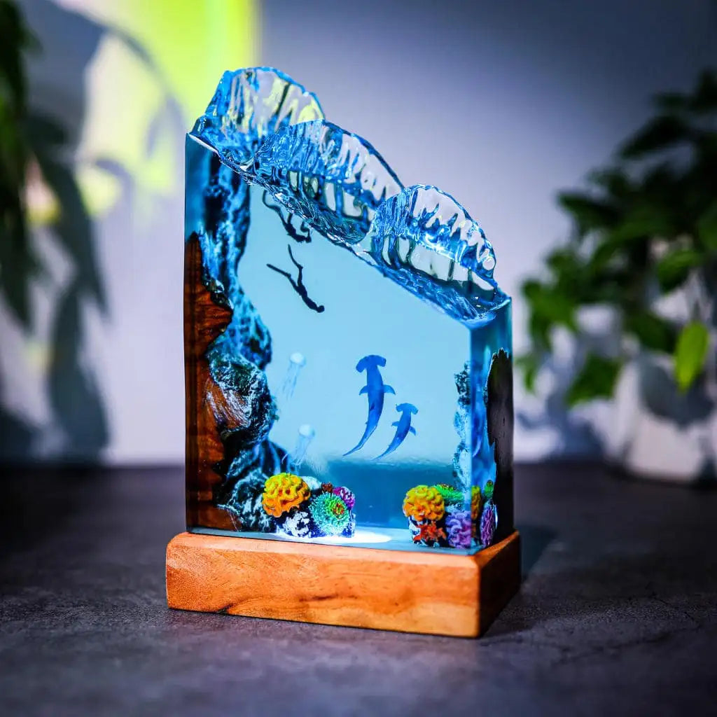 Hammerhead Sharks and Divers Undersea Ocean Diorama Epoxy Resin Lamp, Night Light