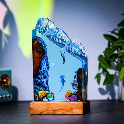 Hammerhead Sharks and Divers Undersea Ocean Diorama Epoxy Resin Lamp, Night Light