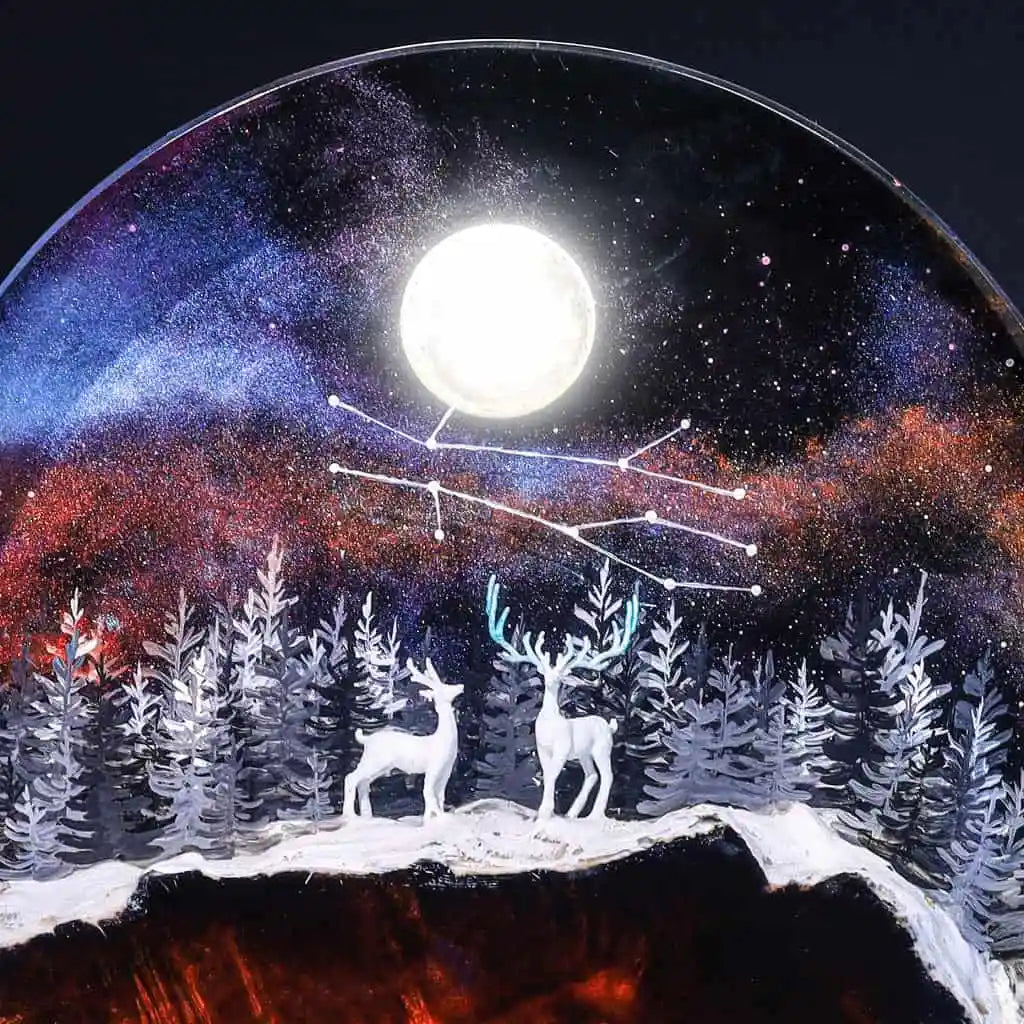 Deer In Enchanted Forest Theme Diorama Epoxy Resin Lamp, Night Light