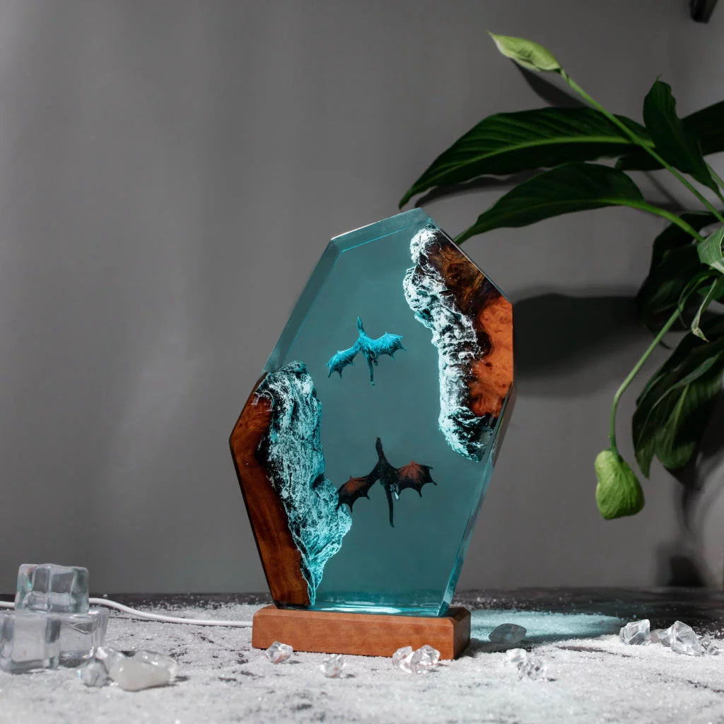 Ice Fire Wyvern Dragon Epoxy Resin Lamp, Night Light