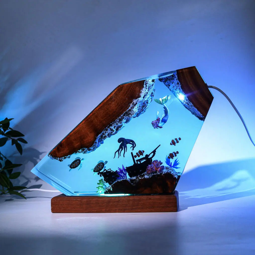 Octopus Turtles Mermaid Jellys Shipwreck Undersea Ocean Diorama Epoxy Resin Lamp, Night Light