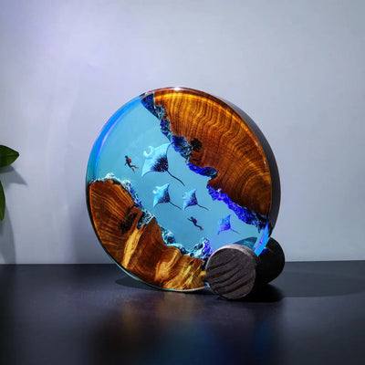 Divers Manta Rays Undersea Ocean Diorama Epoxy Resin Lamp, Night Light