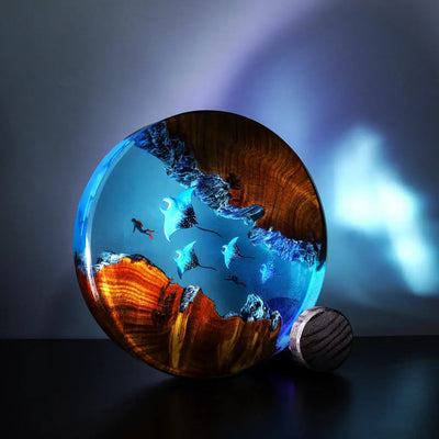 Divers Manta Rays Undersea Ocean Diorama Epoxy Resin Lamp, Night Light