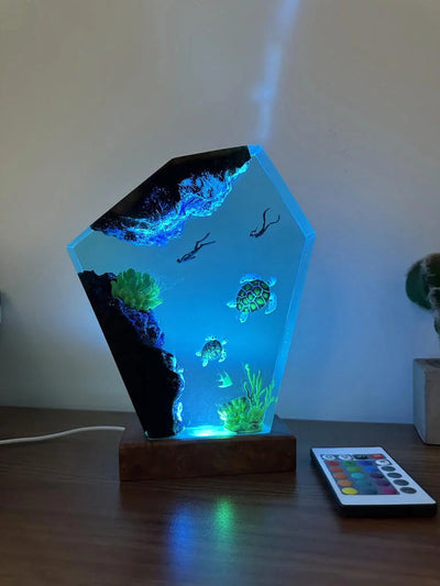 Mom Dad Baby Sea Turtle Divers  Epoxy Resin Lamp, Night Light