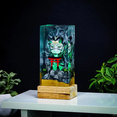 Girl Oni Mask and Torii Gate Epoxy Resin Lamp, Night Light