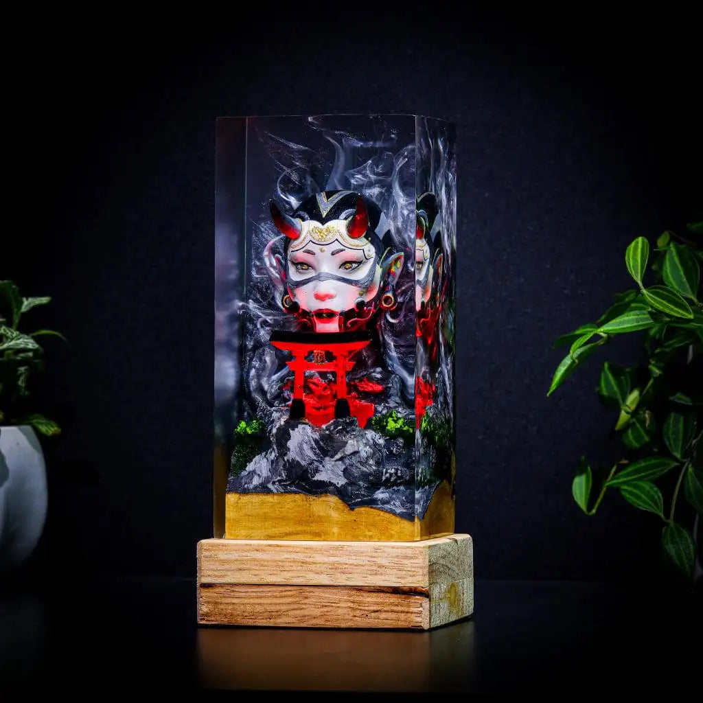 Girl Oni Mask and Torii Gate Epoxy Resin Lamp, Night Light