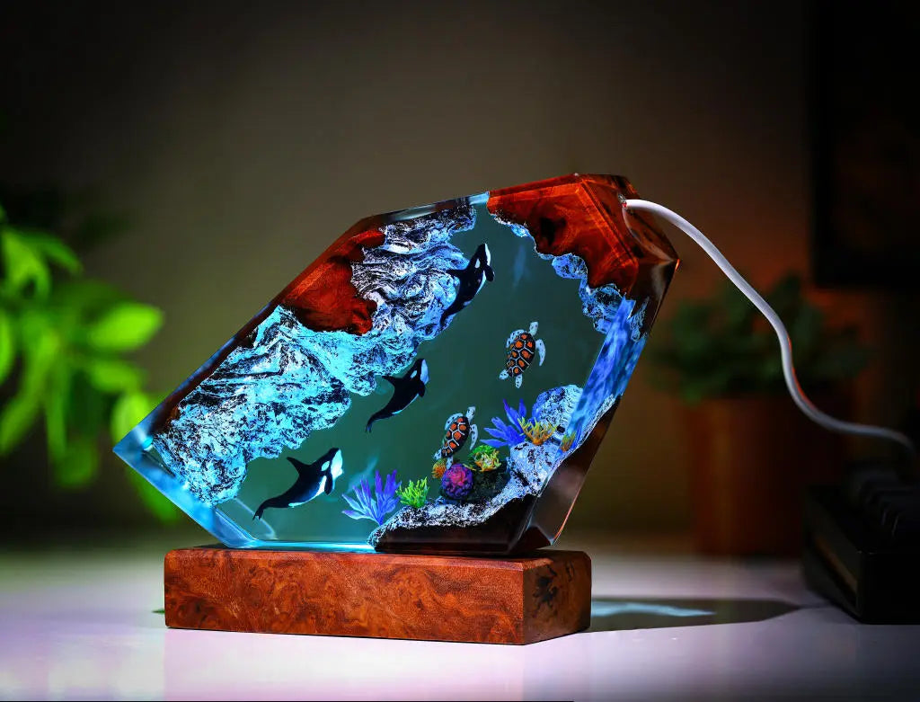 Orcas and Sea Turtles  Undersea Ocean Diorama Epoxy Resin Lamp, Night Light