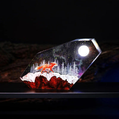 Fox Moon Aurora Borealis Epoxy Resin Lamp, Night Light