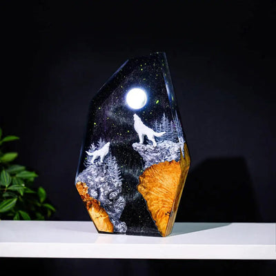 White Wolfs Howling At The Moon Aurora Borealis Epoxy Resin Lamp, Night Light