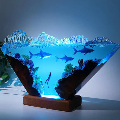 White Shark & Diver Ocean Undersea Theme Diorama Epoxy Resin Lamp, Night Light