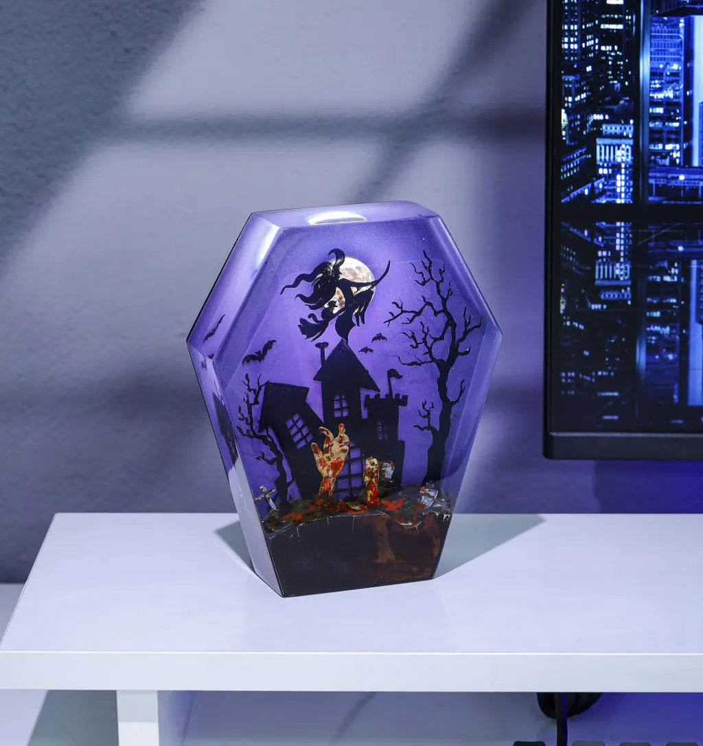 Witch Ride Broom Halloween Theme Epoxy Resin Lamp, Night Light