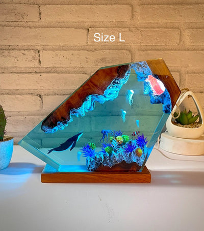 Humpback Whale Octopus Jellys Fish Undersea Ocean Diorama Epoxy Resin Lamp, Night Light