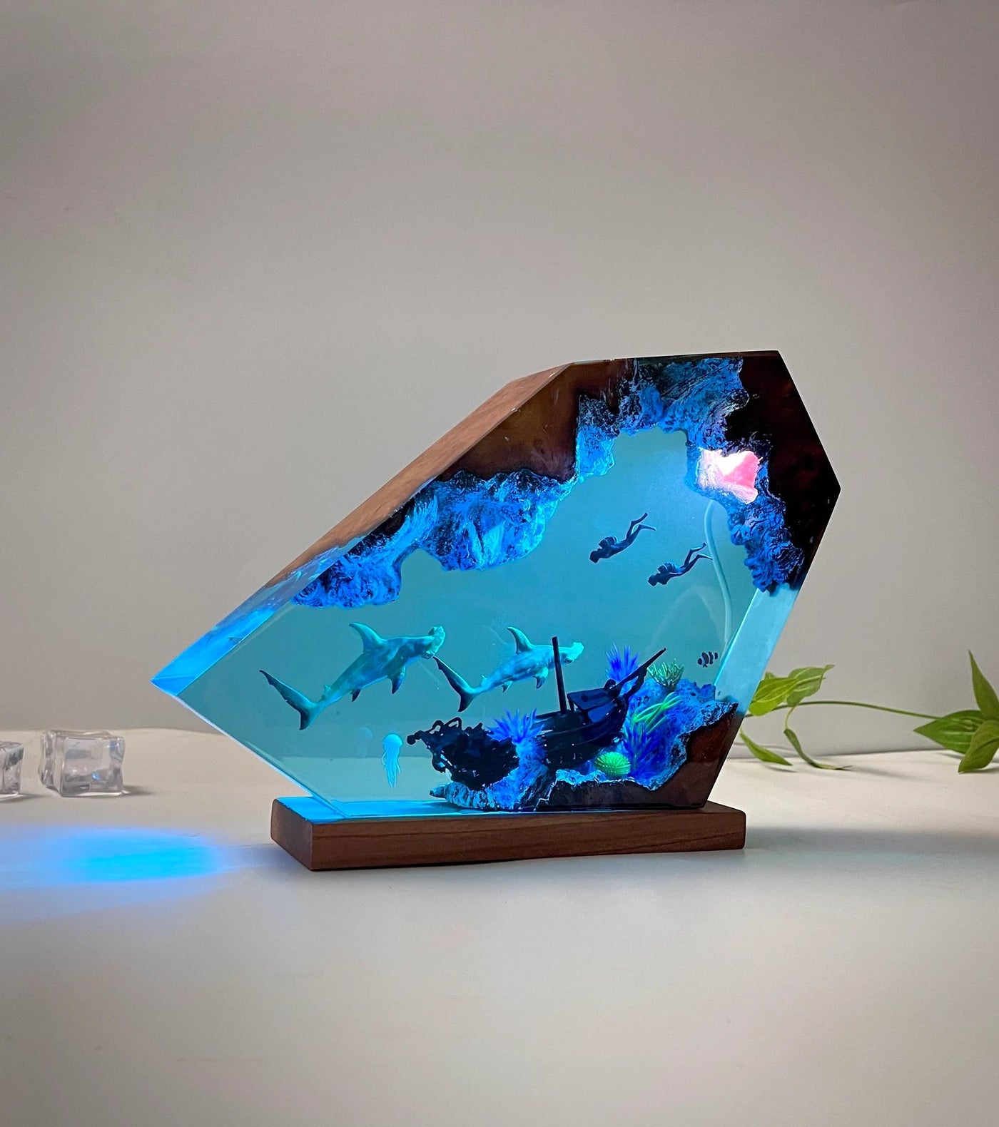 Hammerhead Sharks Diver Shipwreck Undersea Ocean Diorama Epoxy Resin Lamp, Night Light