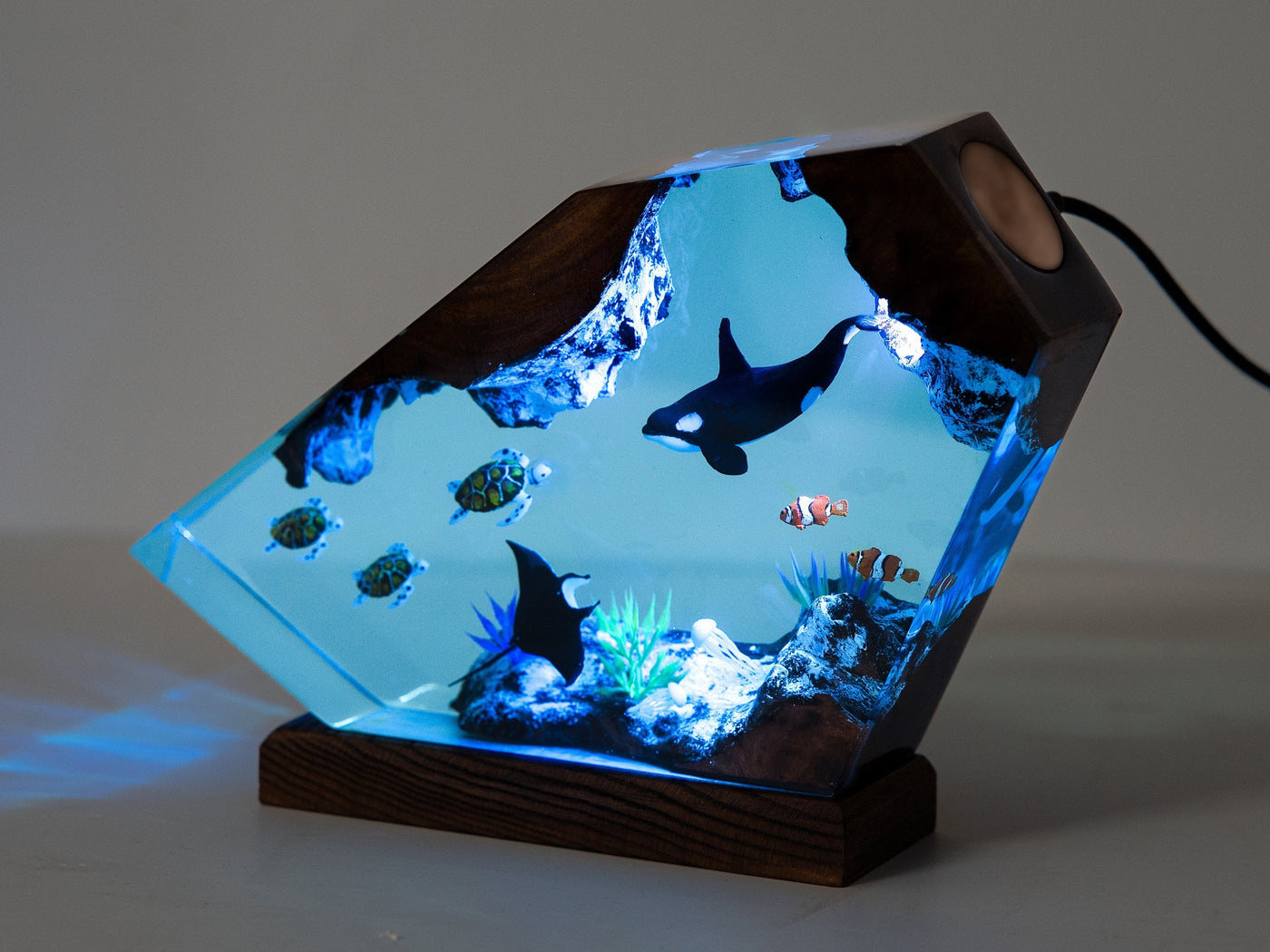 Orca Sea Turtles Manta Ray Undersea Ocean Diorama Epoxy Resin Lamp, Night Light